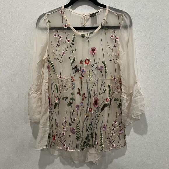 Moda Seta Italy Sheer Embroidered Blouse Sz Xl Fits Like An M Floral Fairy Cute - Picture 1 of 9